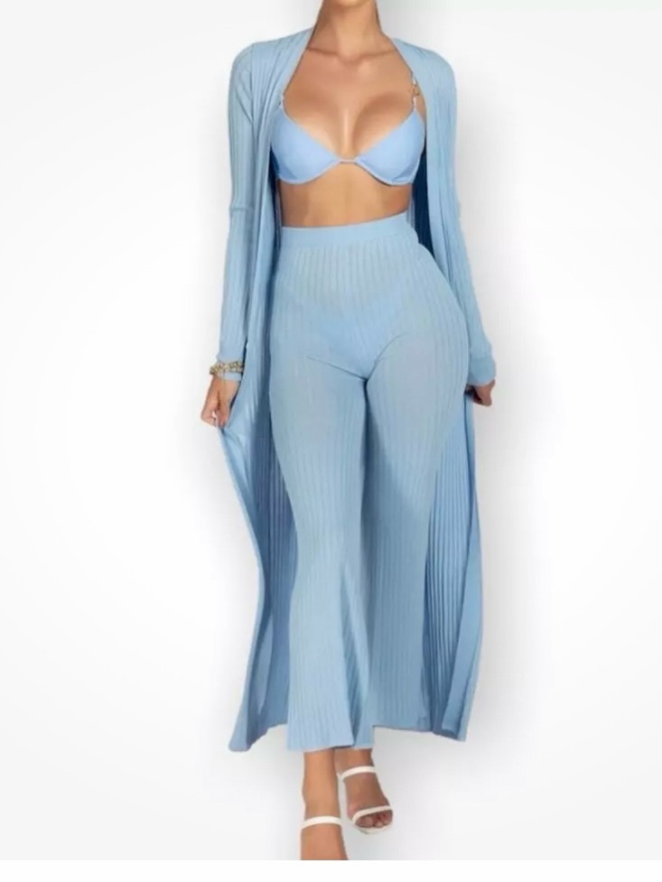Light Blue Party Casual Ribbed 2 Piece Set Wide-Leg Pants & Duster Nwt Small